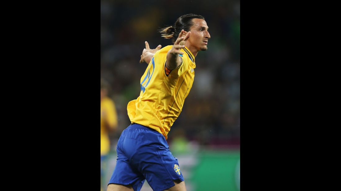 Zlatan Ibrahimovic of Sweden celebrates his goal during the group D match against France.