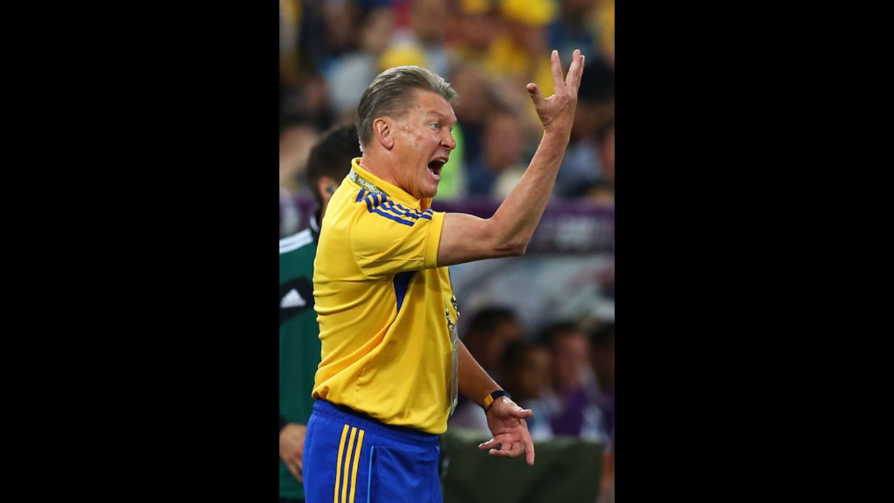 Head coach Oleh Blokhin of Ukraine shouts instructions during the match between England and Ukraine.
