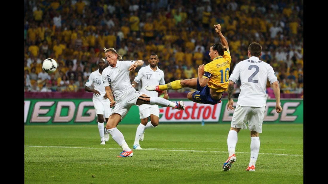 Ziatan Ibrahimovic of Sweden scores the opening goal during the group D match against France on Tuesday, June 19. 