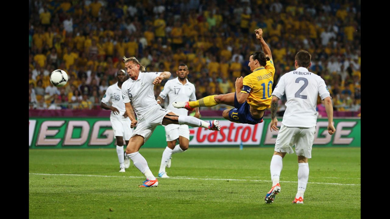 Ziatan Ibrahimovic of Sweden scores the opening goal during the group D match against France on Tuesday, June 19. 