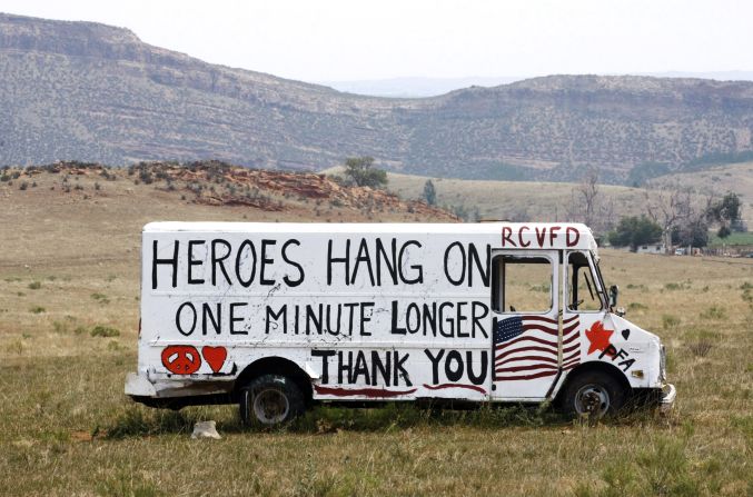 A truck offers a message for firefighters west of Fort Collins on Monday. More than 1,700 personnel are battling the wildfire. 