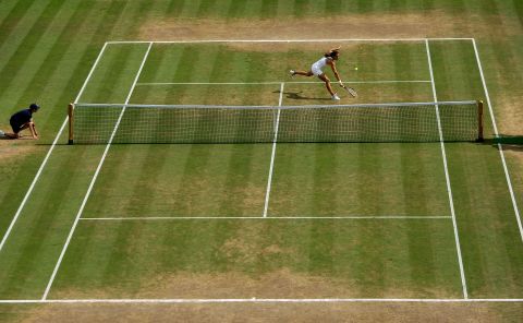 This view of the 2006 women's singles final at Wimbledon between Amelie Mauresmo and Justin Henin gives a clear indication of the areas of Centre Court which take the most punishment.