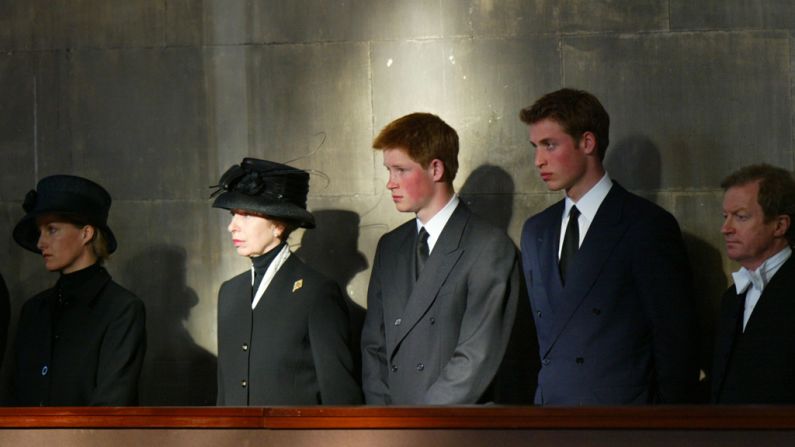 The royal family stand vigil besides the Queen Mother's coffin at Westminster Hall on April 8, 2002. Prince William, left, stands alongside Prince Harry, Princess Anne and Sophie of Wessex.