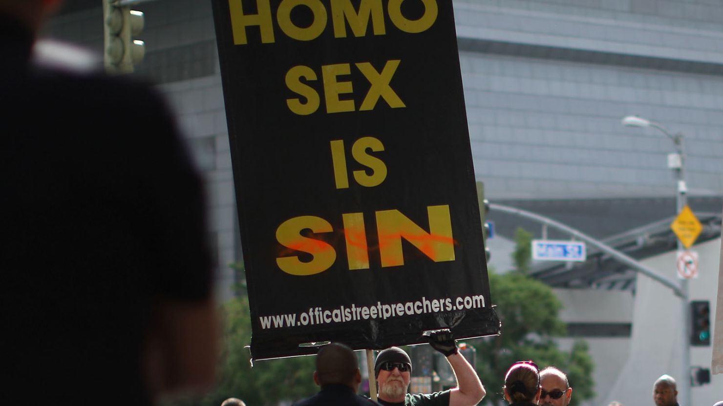 A group called Bible Believers express views at a 2011 demonstration in Los Angeles. 