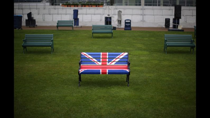 A bench is decorated with a Union Jack flag in the Grandstand on Ladies Day at Royal Ascot.