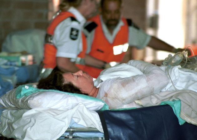 A badly injured victim of the Bali bomb blast arrives at Darwin Hospital on October 14, 2002, for urgently required medical attention after being airlifted from Denpasar. Hundreds of people were injured in the multiple blasts.