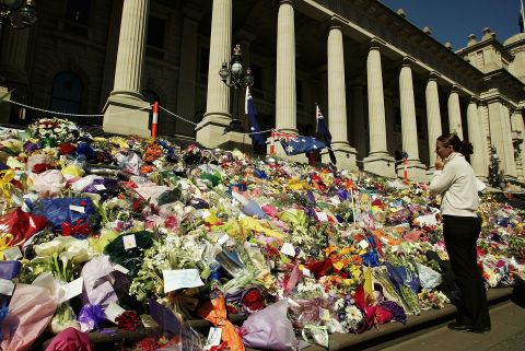 Thousands of wreaths were laid on the steps of Parliament House in Melbourne, Australia, in memory of Australians killed in the Bali bombings in 2002.