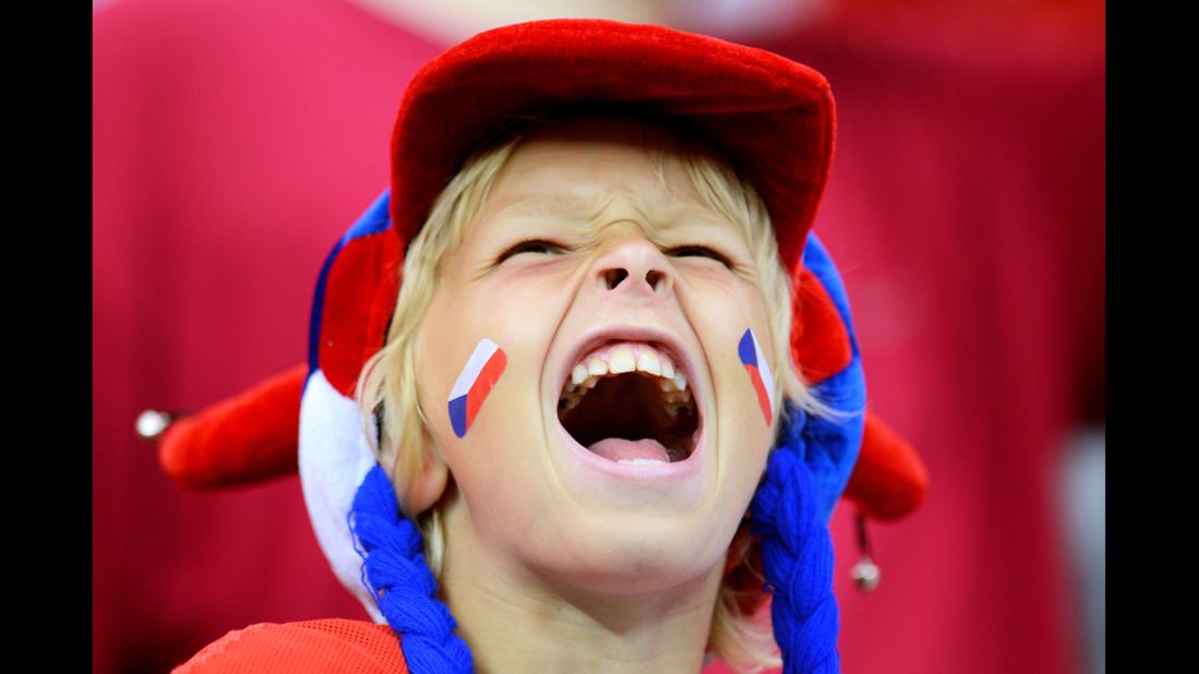  A Czech Republic fan celebrates during a quarter-final match between the Czech Republic and Portugal on Thursday in Warsaw, Poland.