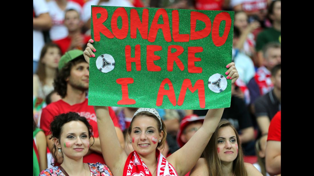 A Portugal fan holds up a sign during the quarter-final match between the Czech Republic and Portugal.