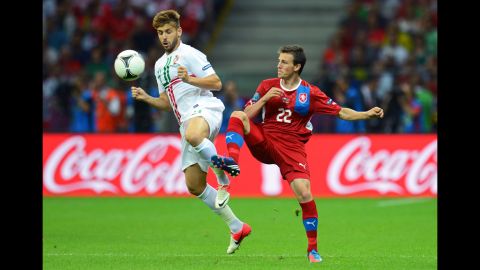 Miguel Veloso of Portugal and Vladimir Darida of Czech Republic battle for the ball during the quarter-final match between Czech Republic and Portugal.