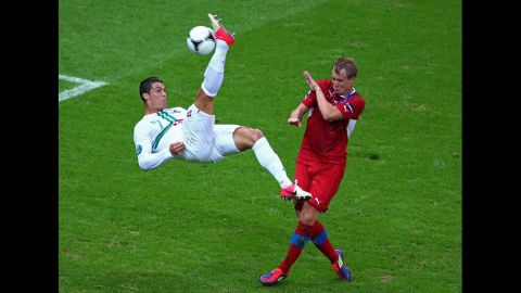 Portgual's Cristiano Ronaldo attempts an overhead kick during the Euro 2012 quarter final match between the Czech Republic and Portugal at the National Stadium on  Thursday, June 21, in Warsaw, Poland.