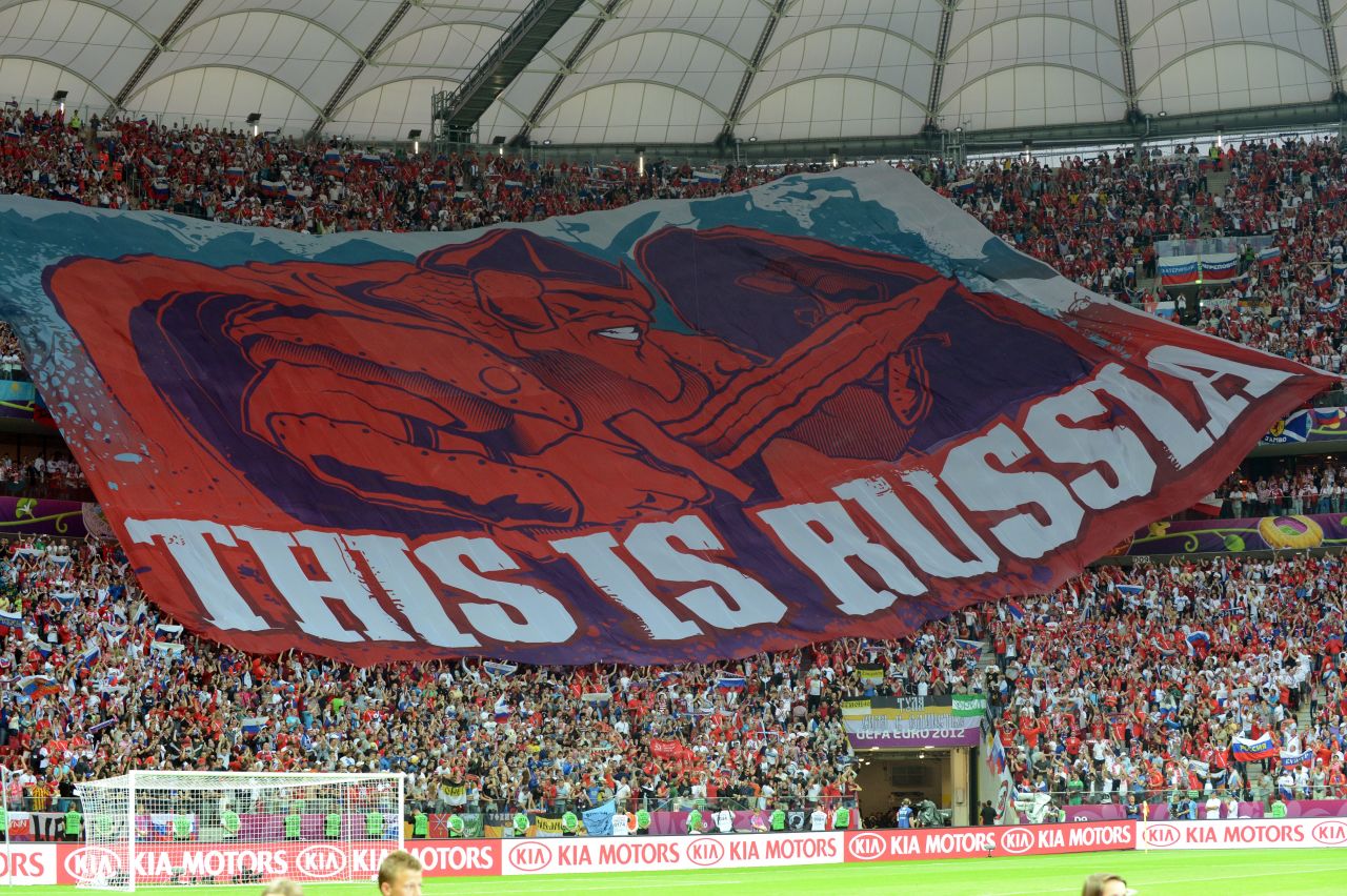When Poland and Russia clashed at Euro 2012 running street battles erupted before kickoff. The two nations have a history of conflict, Poland being occupied by Stalin's Russia during and after World War II. Russian fans unveiled this banner before the game that provoked more tension in the stands. The game in Warsaw ended 1-1.