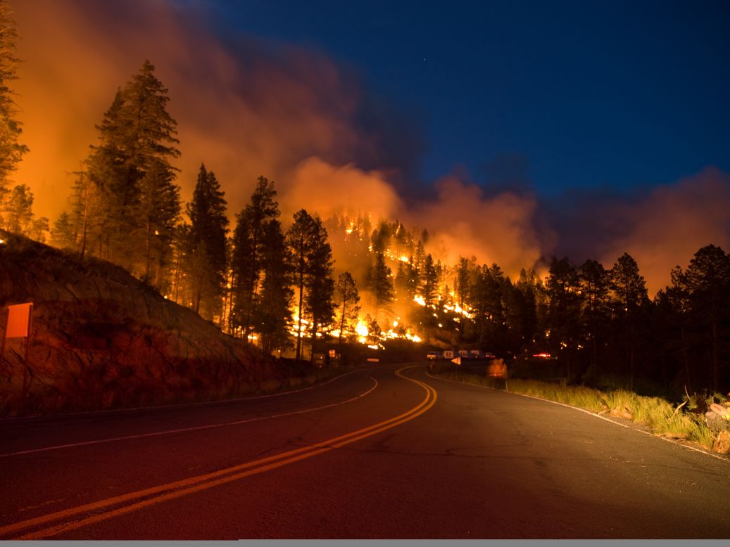 Las llamas convierten la noche en día, en este camino en el bosque nacional Lincoln, en Nuevo México.