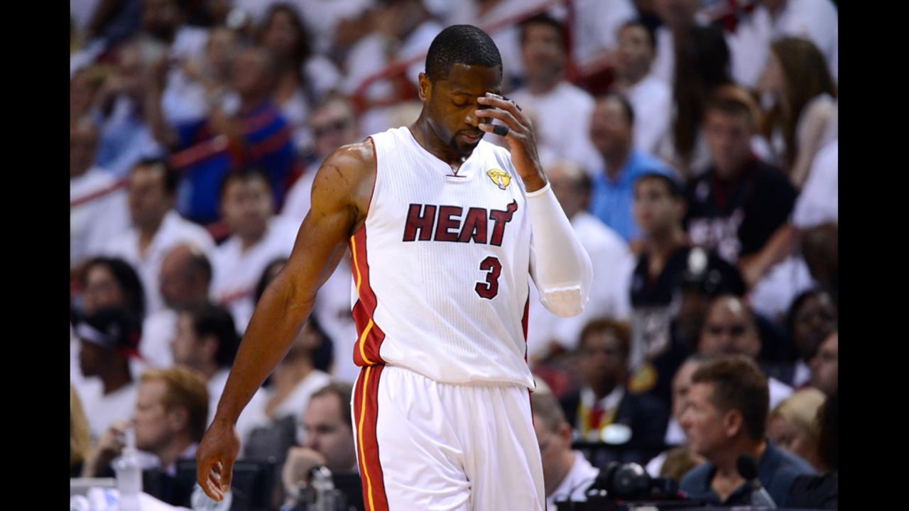 Dwyane Wade, No. 3 of the Heat, reacts in the first quarter against the Thunder.