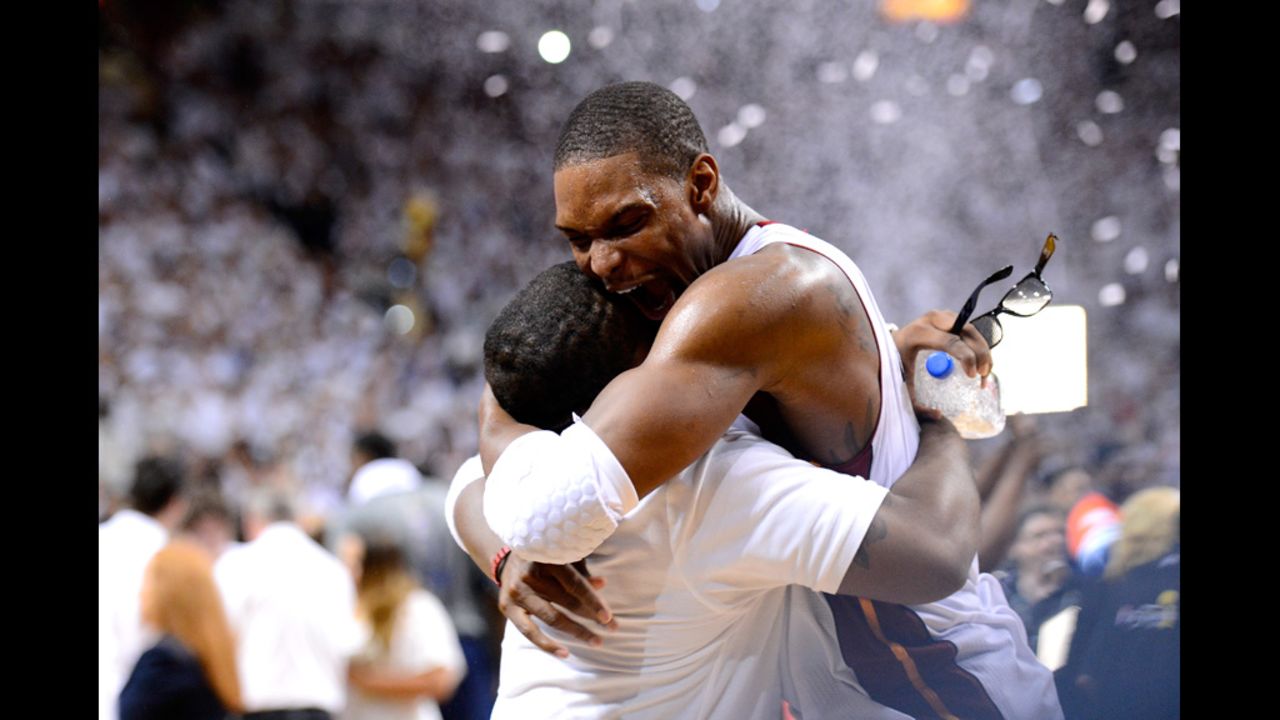 Chris Bosh No. 1 of the Miami Heat celebrates after the Heat won 121-106 against the Oklahoma City Thunder in Game Five of the 2012 NBA Finals on Thursday, June 21.