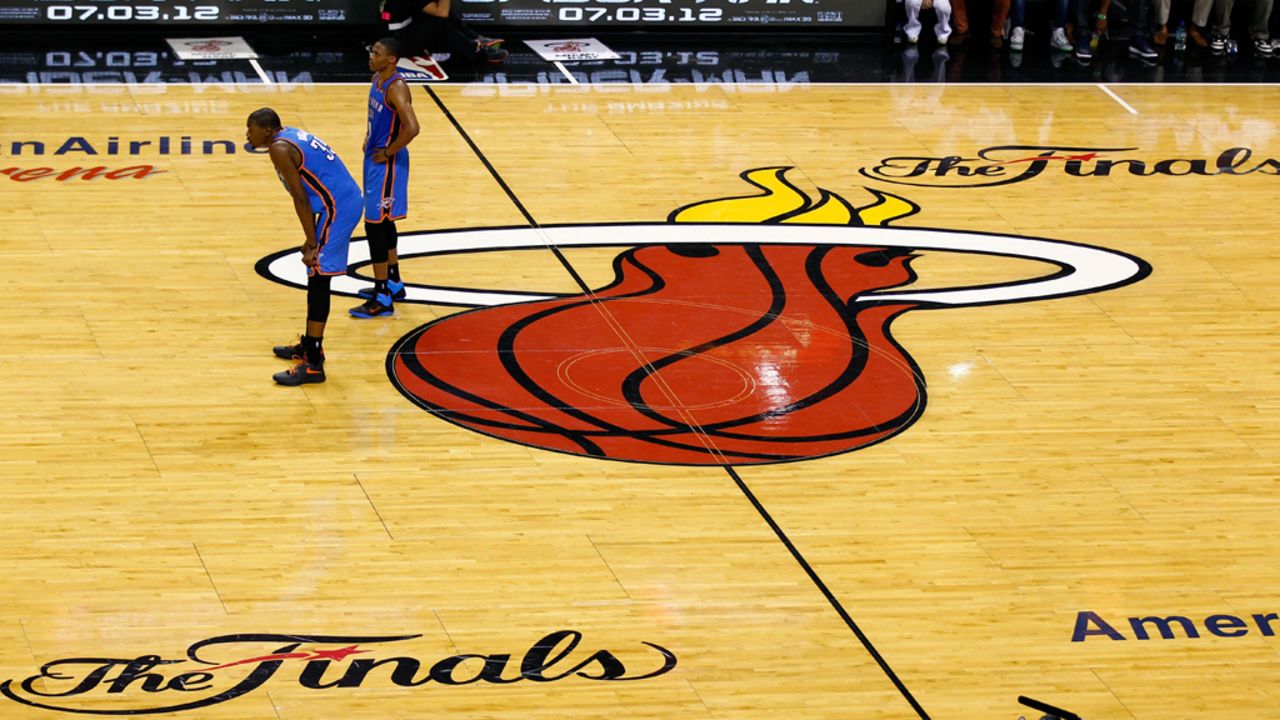Kevin Durant No. 35 and Russell Westbrook No. 0 of the Thunder look on against the Heat.