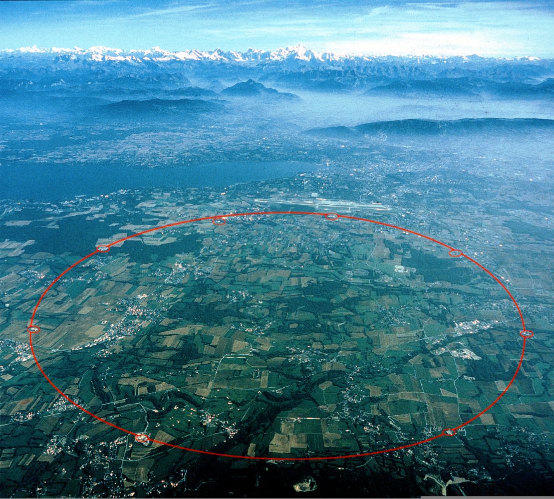 An aerial view of Switzerland near Geneva and Lake Leman with a circle showing the 16-mile circumference of the Large Hadron Collider. 