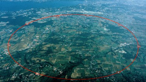 An aerial view of Switzerland near Geneva and Lake Leman with a circle showing the 16-mile circumference of the Large Hadron Collider. 