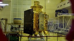 India's first unmanned lunar probe, Chandrayaan-1, is shown here in 2008. It was launched in October of the same year from the space center in Sriharikota, Andhra Pradesh, India. In 2009,  radio contact with Chandrayaan-1 was lost. 