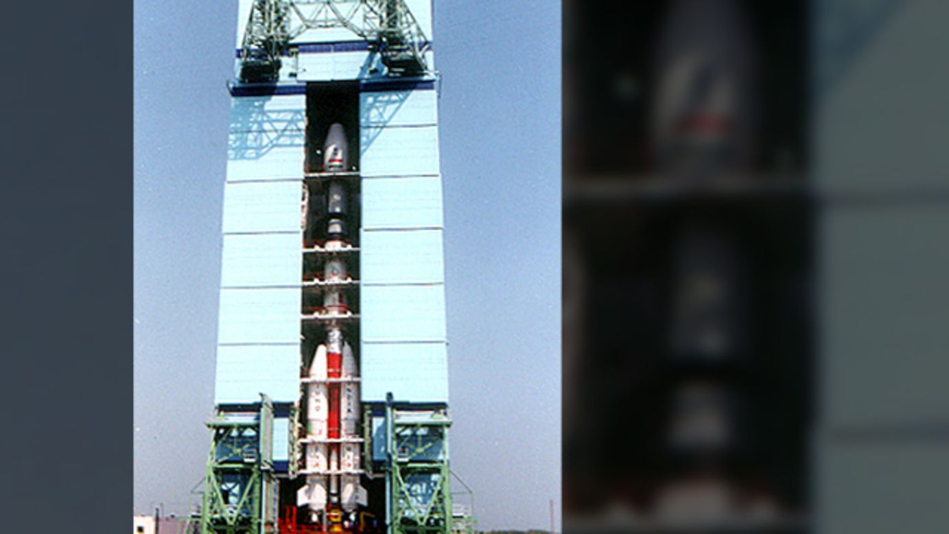 The Geosynchronous Satellite Launch Vehicle is made by the Indian Space Research Organization to launch satellites into geostationary orbit. The first developed launch system, GSLV-D1 is shown here in its launchpad in March 2001. The first flight took place on April 18, 2001 and launched the GSAT-1 communication satellite. 