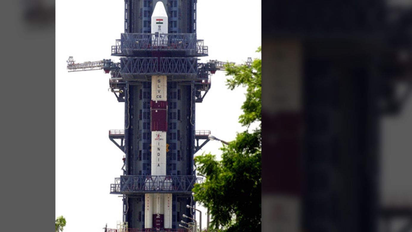 The Polar Satellite Launch Vehicle is made by the Indian Space Research Organization to launch satellites into geosynchronous transfer orbit. The ninth flight, PSLV-C6, is shown four days before its launch in May 2005. It is 145 feet tall.