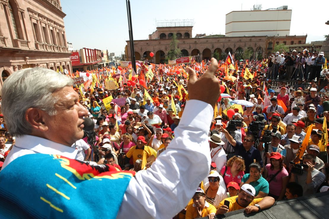 Democratic Revolution Party candidate Andres Manuel Lopez Obrador is pledging "hugs, not bullets."