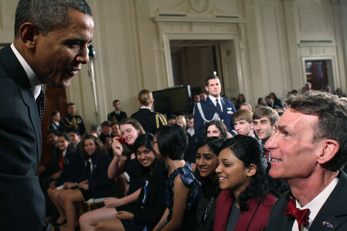 President Obama greets Bill Nye during a science fair event at the White House on February 7.