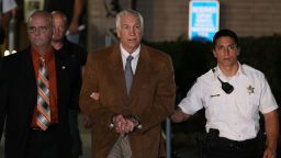 BELLEFONTE, PA - JUNE 22: Former Penn State assistant football coach Jerry Sandusky, leaves court in handcuffs after being convicted in his child sex abuse trial at the Centre County Courthouse on June 22, 2012 in Bellefonte, Pennsylvania. The jury found Sandusky guilty on 45 of 48 counts in the sexual abuse trial of the former Penn State assistant football coach, who was charged with sexual abuse of 10 boys over a 15-year period. (Photo by Mark Wilson/Getty Images) 