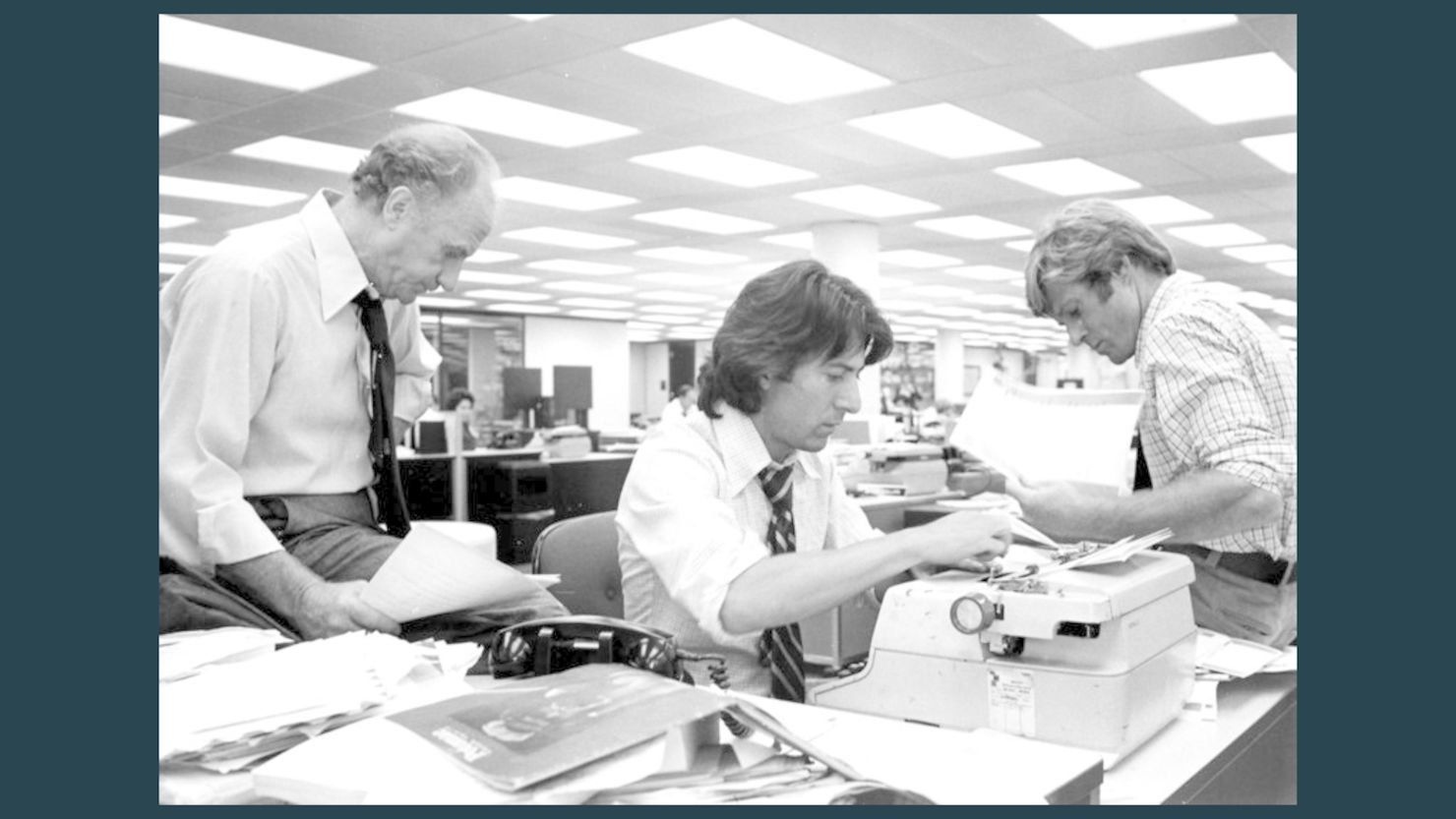 In "All the President's Men" (1976), Dustin Hoffman, center, plays Carl Bernstein and Robert Redford is Bob Woodward.