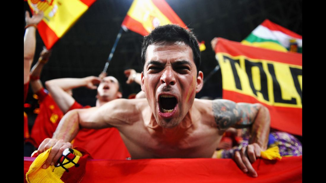 A Spanish fan enjoys the atmosphere ahead of the quarterfinal match between Spain and France.