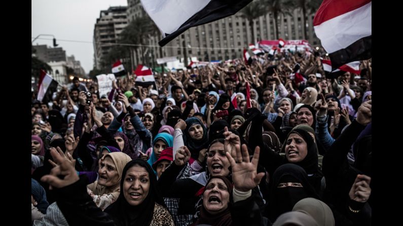 Female supporters of Mohamed Morsi, the Muslim Brotherhood's candidate, protest against Egypt's military rulers in Tahrir Square in Cairo on Saturday, June 23. Egyptian election officials had postponed the announcement of a winner in last weekend's presidential runoff, stating they needed more time to evaluate charges of electoral abuse that could affect who becomes the country's next president.