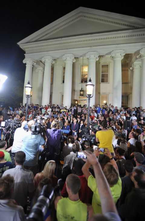 A crowd gathers outside the Centre County Courthouse in Bellefonte, Pennsylvania, to await the Sandusky verdict.