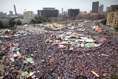 Egyptians fill Tahrir Square on Sunday, June 24, as they wait for the elections commission to announce the winner of the country's presidential election.