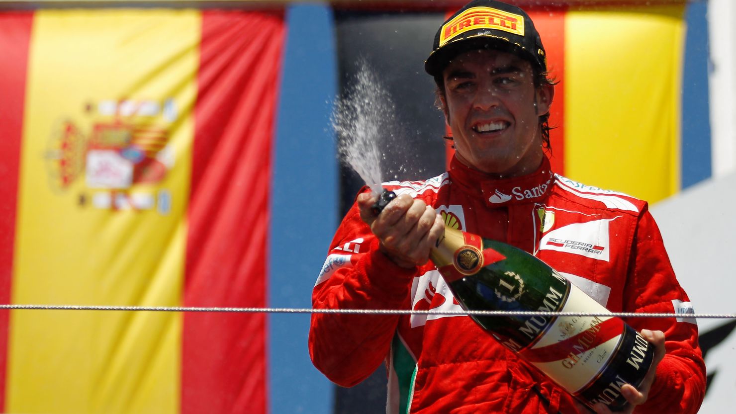 Fernando Alonso celebrates his famous victory in the European Grand Prix in Valencia in front of his Spanish fans.
