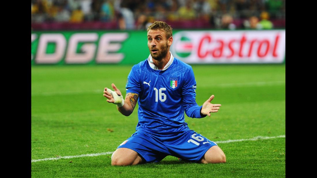 Daniele De Rossi of Italy reacts after a missed goal during the quarterfinal match.