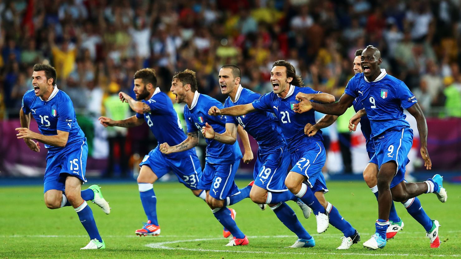 Italy's players celebrate their penalty shootout victory over England in their Euro 2012 quarterfinal in Kiev.