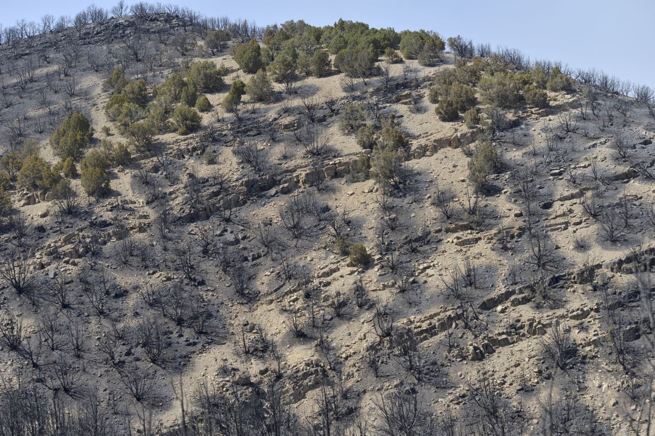 Burned-out terrain from the Dump Fire fills a hillside near Saratoga Springs, Utah on Saturday.