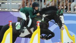 Saudi Dalma Rushdi Malhas rides at the Youth Olympic Games 2010 in Singapore on August 22, 2010.
