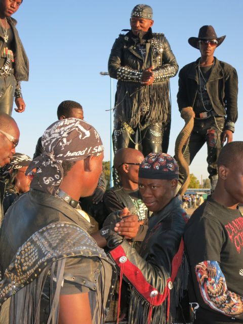 Animal horns, as seen in the background, are an important fashion accessory in the Botswana heavy metal scene. "We always have a symbol that represents Africa," says rocker Gunsmoke.