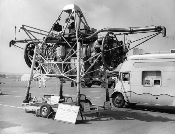 An experimental Rolls Royce aircraft capable of vertical take off, nicknamed the 'Flying Bedstead', exhibited in Farnborough in 1955. 