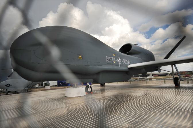 A Northrop Grumman RQ-4 Global Hawk unmanned aircraft is pictured at Farnborough on July 22, 2010. 