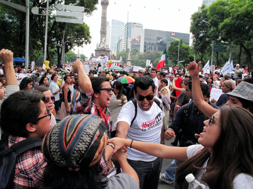 Students from the Iberoamerican University chant a school cheer during a protest last weekend in Mexico City. A video they uploaded to YouTube helped launch a nationwide youth protest movement. The demonstrators have added fuel to the political frenzy leading up to Mexico's elections on Sunday, July 1.