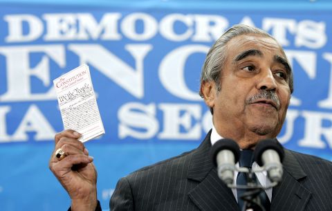 Rangel and other Democrats urged President George W. Bush to drop privatization in trying to overhaul the Social Security system. Here he holds a copy of the Constitution during a news conference on March 16, 2005, on Capitol Hill. 