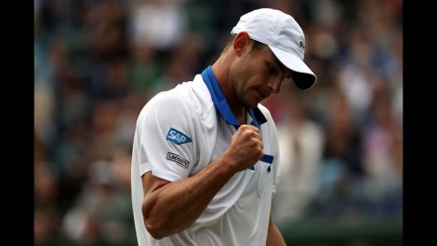 Andy Roddick of the USA reacts to a play during his first round match against Jamie Baker of Great Britain on June 26.
