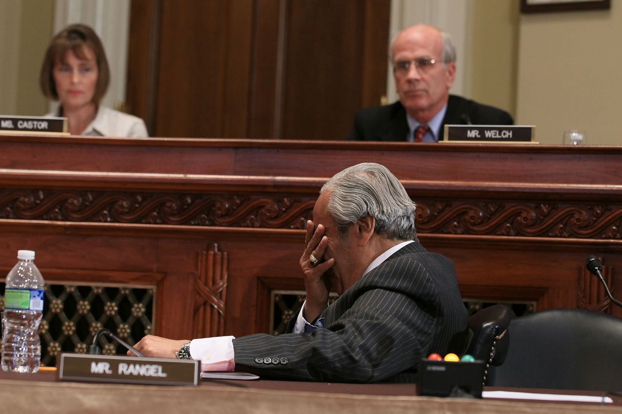 Rangel reacts after being censured by the House Ethics Committee for ethics violations. The committee ruled he failed to pay income taxes for a rental unit in the Dominican Republic, filed misleading financial disclosure reports and set up his campaign office in a building where he lives, a violation of campaign rules.