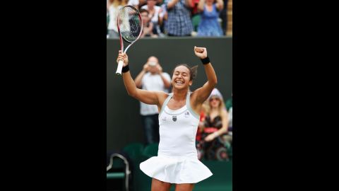 Great Britain's Heather Watson celebrates match point during her second-round match against American Jamie Lee Hampton on Wednesday.