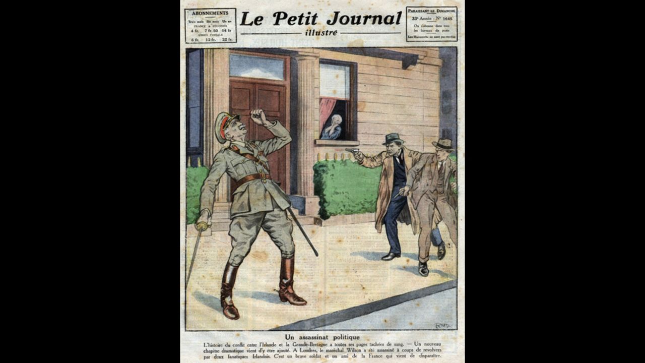 An illustration in the French newspaper Le Petit Journal Illustre portrays the assassination of British Field Marshal Henry Hughes Wilson by two IRA members in 1922. 