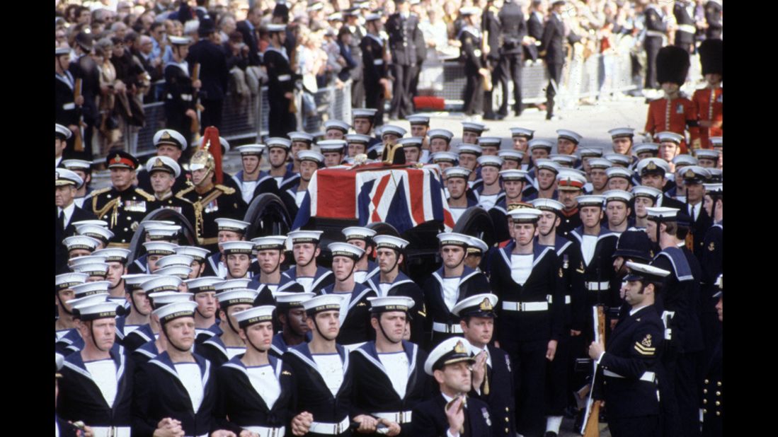 The funeral procession of Lord Louis Mountbatten, an uncle of the queen's husband, is held in the streets of London in September 1979. Mountbatten was assassinated by the IRA while on vacation in Ireland.