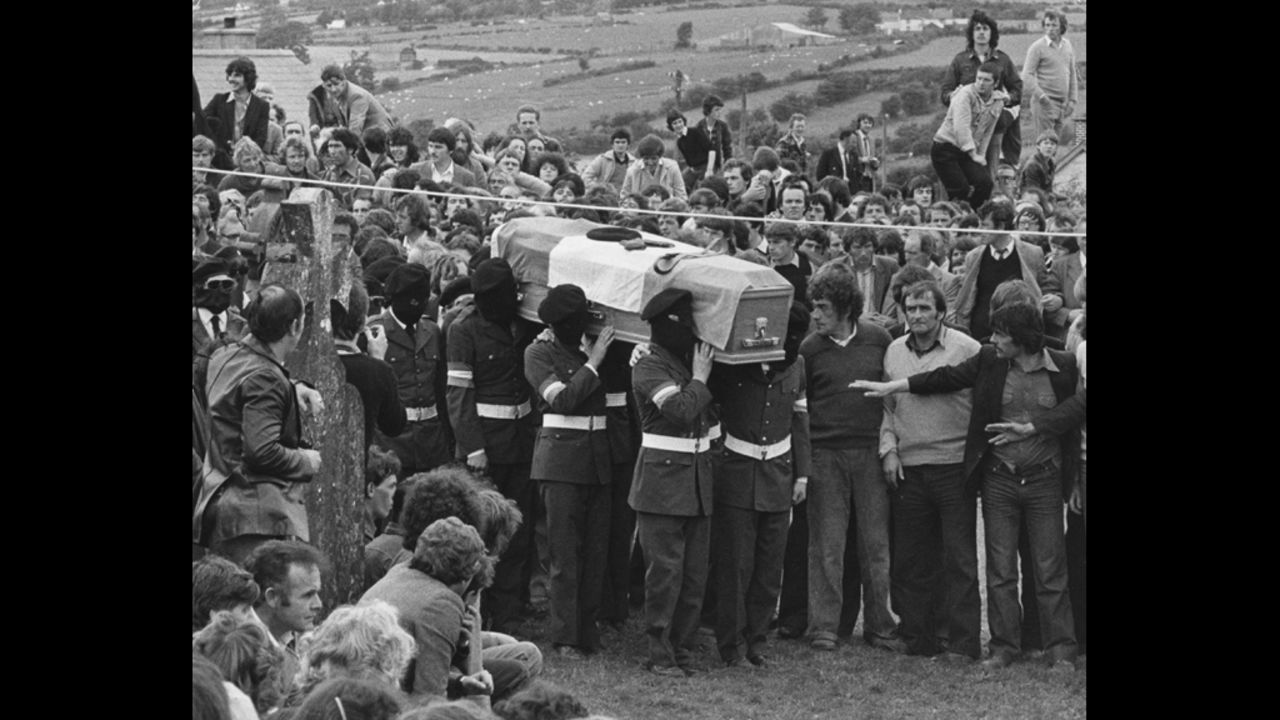Masked IRA members lead the funeral procession of Martin Hurson, an IRA prisoner who died after 46 days on hunger strike, in Northern Ireland in July 1981. Nine others on hunger strike died as well, and the event helped further politicize the organization.