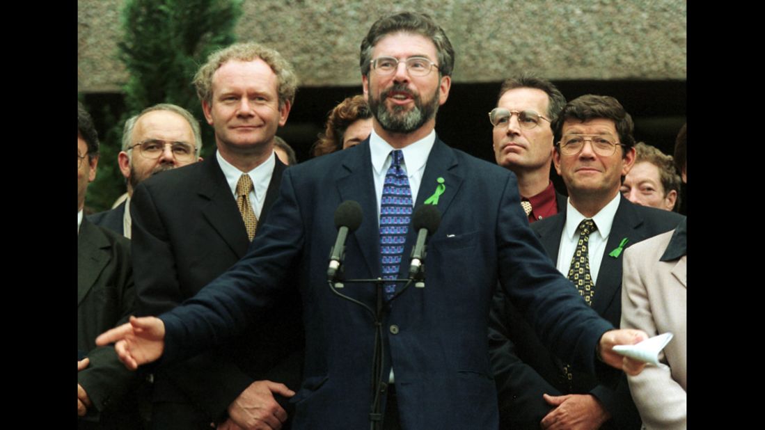 Sinn Fein leader Gerry Adams voices his approval in 1999 of the Good Friday Agreement, a peace treaty and power-sharing agreement between the Irish and British signed a year ealier.